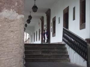 British-style guards outside a government building on the Plaza Grande