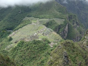 A mostly fogless view of Machu Picchu from the top of Mount Waynapicchu