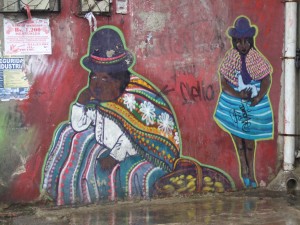 Cool graffiti people in native dress near central La Paz